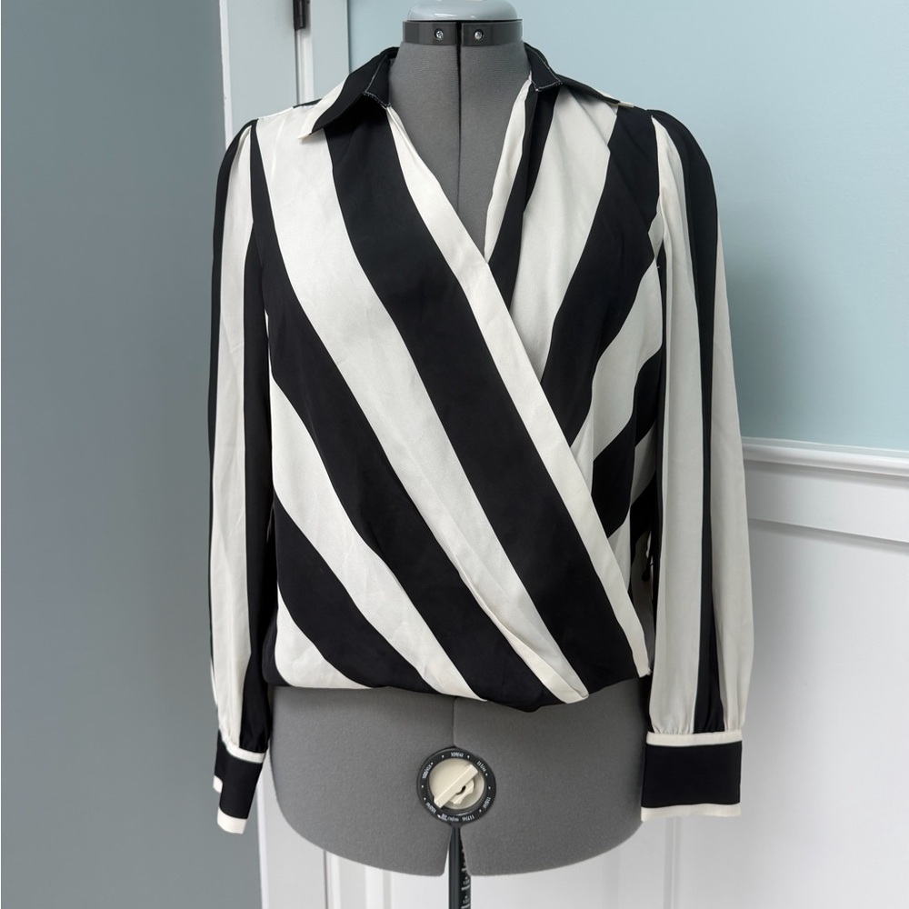 NWT Macy's Black and Cream Diagonal Striped BlouseM